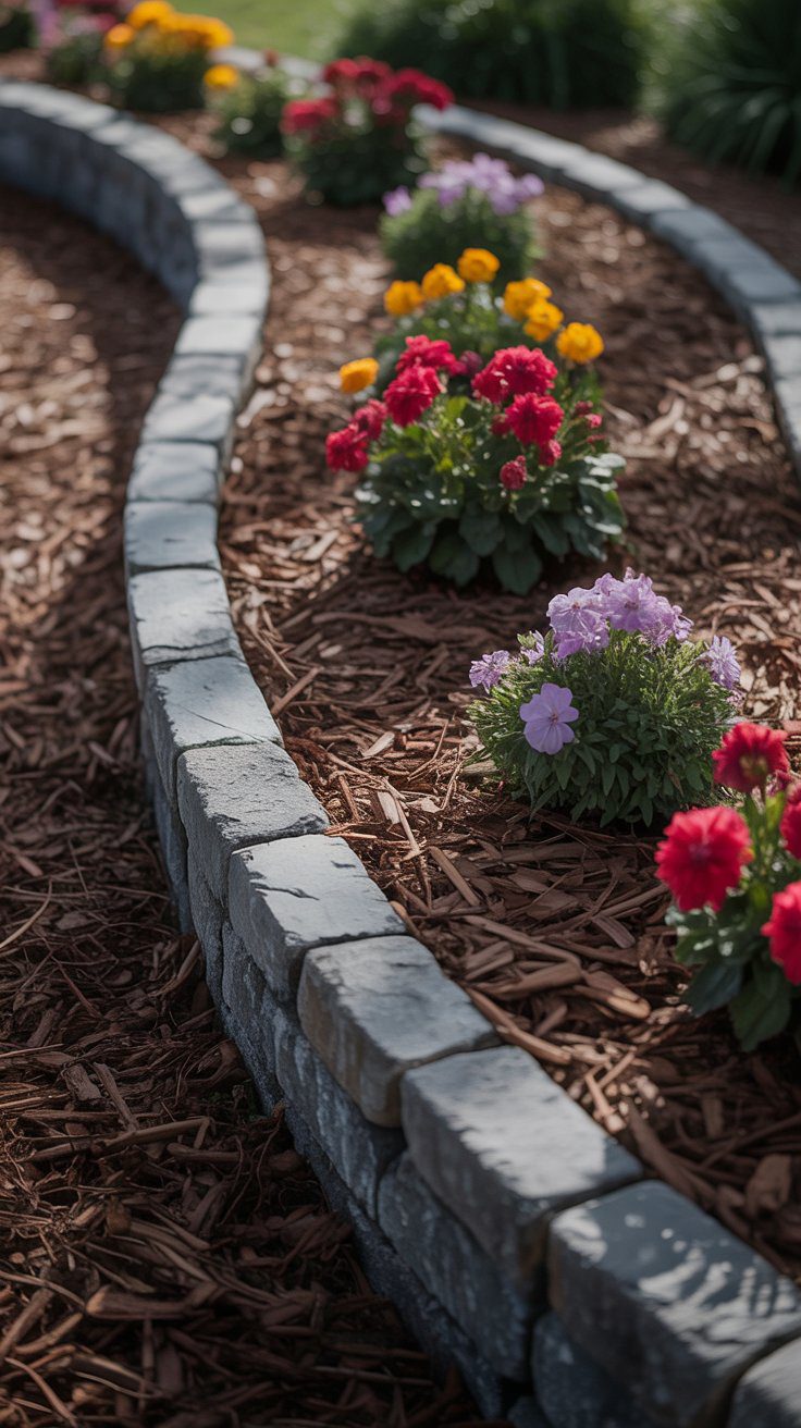 Vibrant flowers flourish in curved, mulched garden beds framed by gray stone edging.