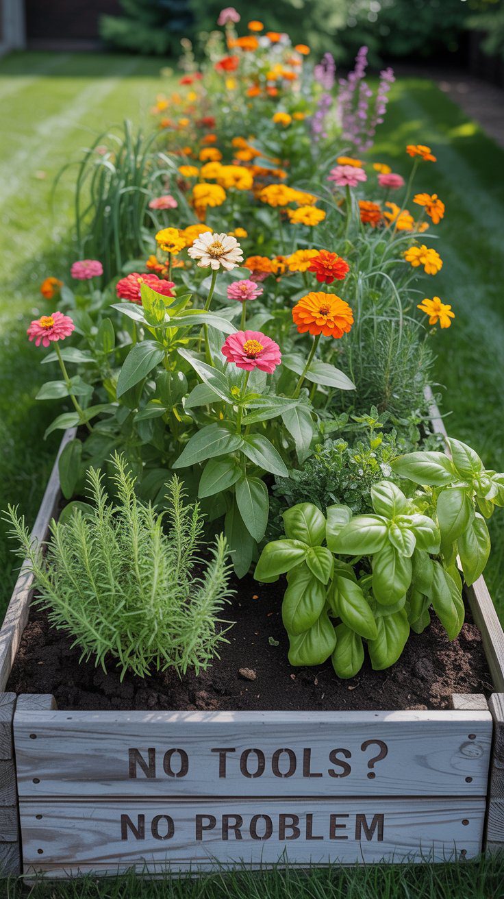 A vibrant raised wooden garden bed bursting with flowers, herbs, and greenery — an easy no-dig backyard upgrade.