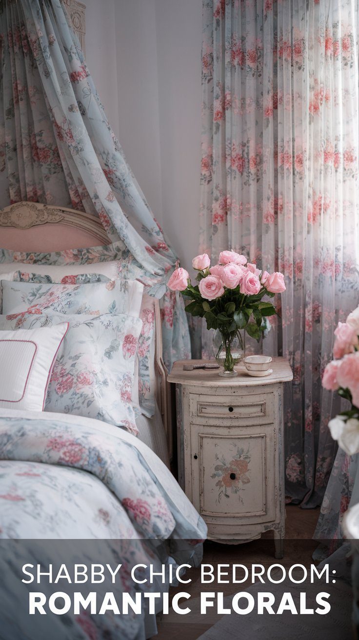 A shabby chic bedroom exudes soft romance with floral-patterned bedding and curtains. A quaint wooden nightstand adorned with a floral design cradles pink roses and a teacup. Dive into stunning ideas for creating your own romantic florals in a pastel-hued haven.