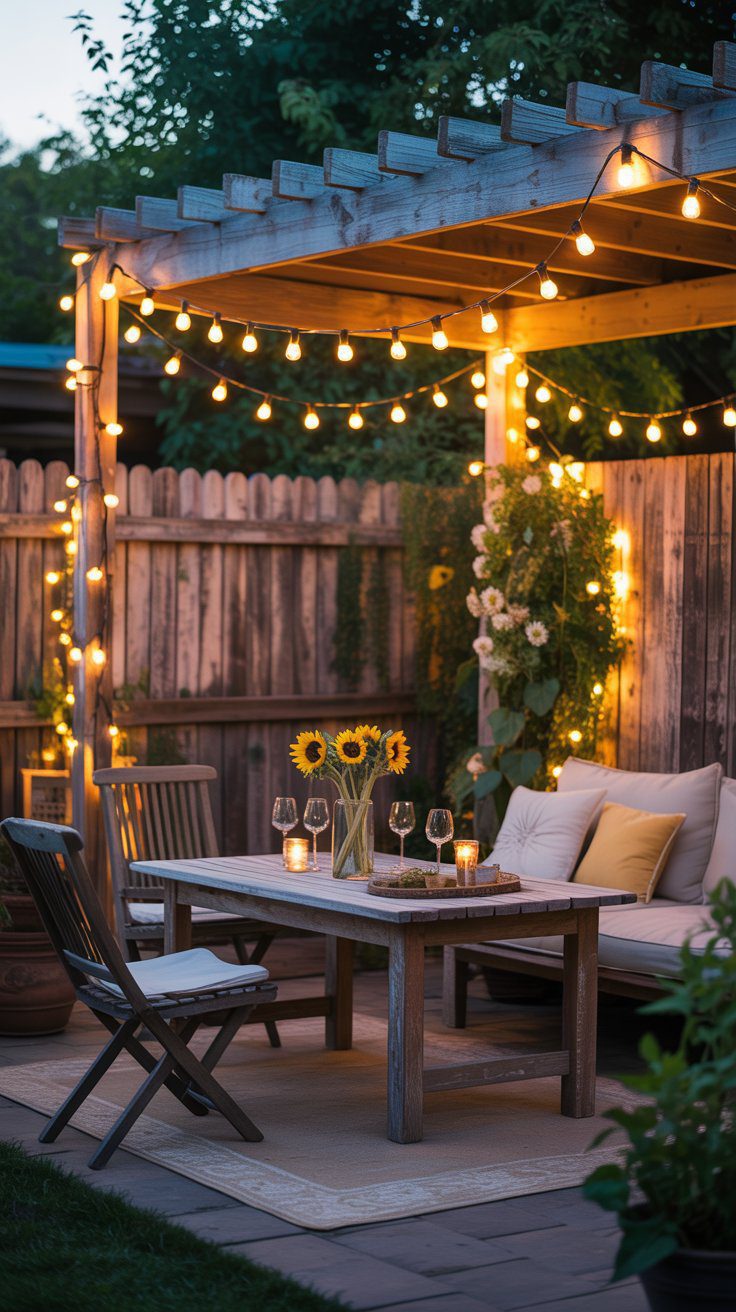 A cozy dusk patio with a wooden pergola, twinkling string lights, and fresh sunflowers — the perfect budget-friendly backyard retreat.