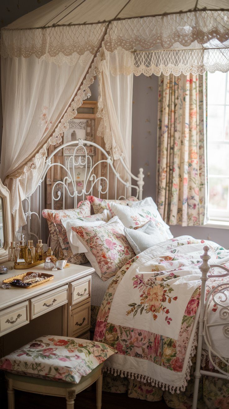 A cozy bedroom features a vintage-style bed with floral bedding and a lace canopy. Beside it, a vanity table holds a tray with tea and glasses. The room is decorated with floral curtains and a matching padded stool. Soft, warm lighting fills the space.