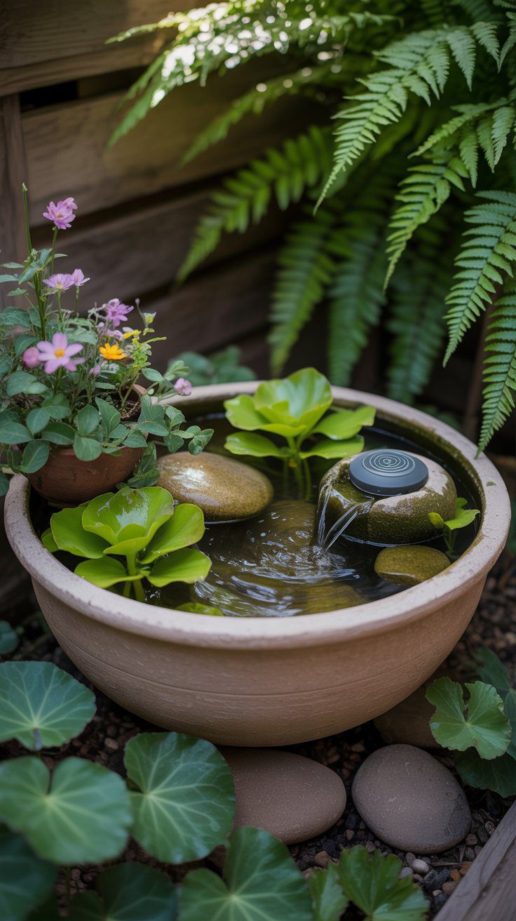 A budget-friendly ceramic water fountain surrounded by lush plants and smooth stones creates a peaceful backyard retreat.