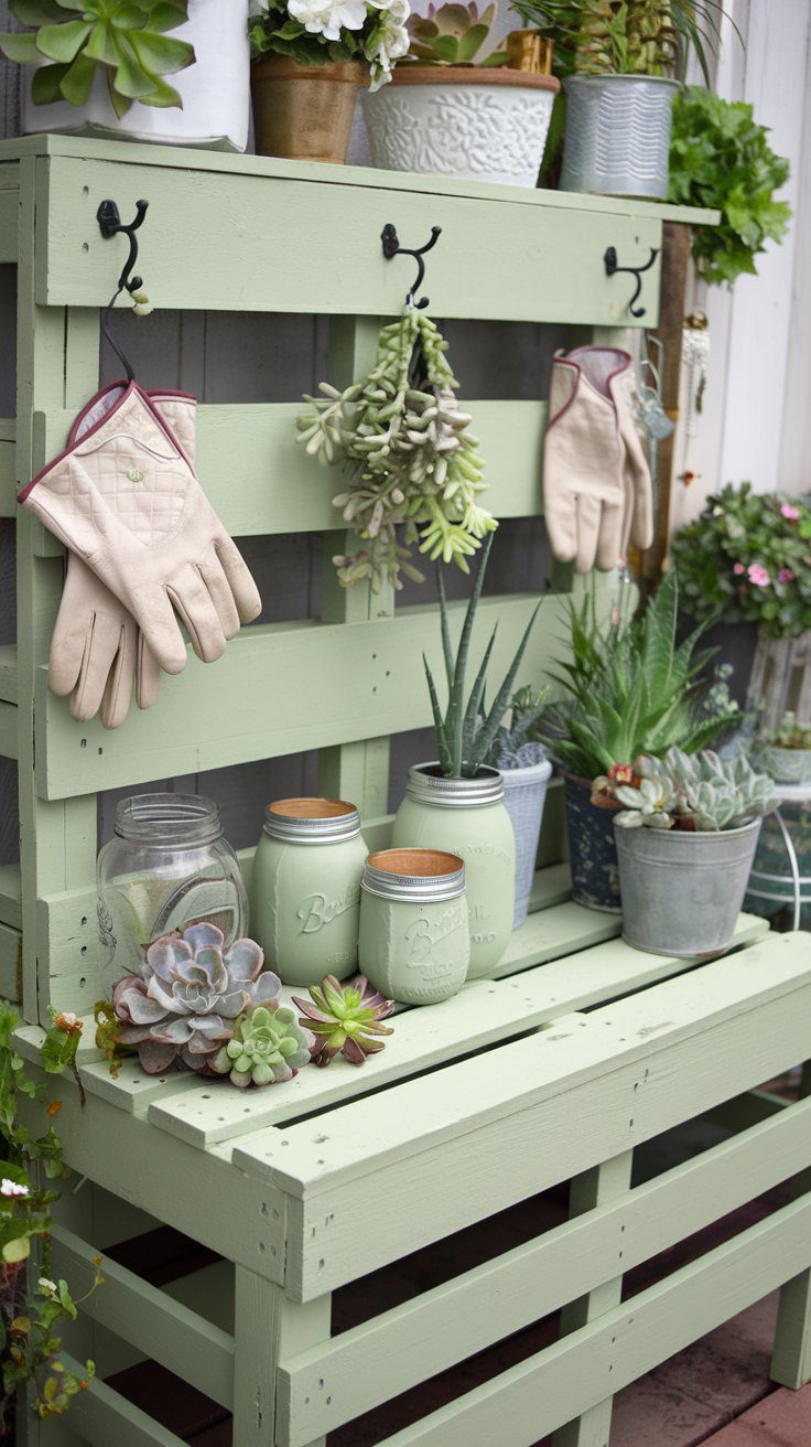 A light green wooden potting bench with hooks and shelves holds gardening gloves, succulents, potted plants, and jars. The arrangement is neat, with plants thriving in various planters, creating a soothing garden space.