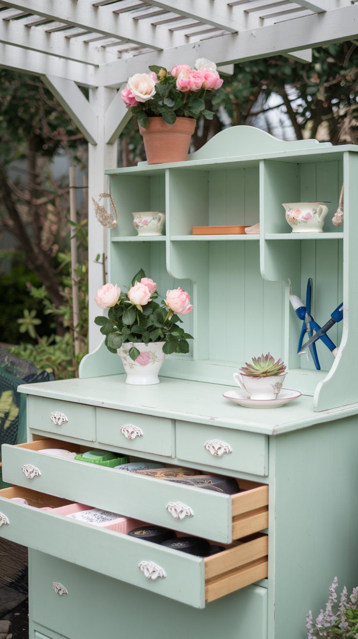 A mint green vintage hutch with open drawers, displaying teacups, saucers, and a potted plant with pink roses. A potted succulent sits on the countertop. The hutch is set under a pergola in a garden setting.