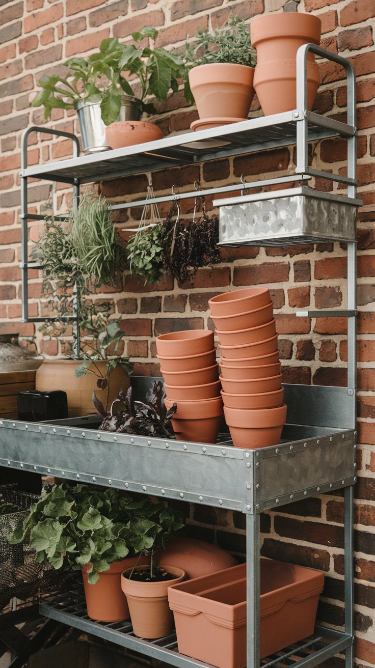 A metal shelf against a brick wall holds various terracotta pots, potted plants, and herbs. Some pots are stacked, and there are hanging plants and potted greenery on the shelves, creating a rustic garden display.