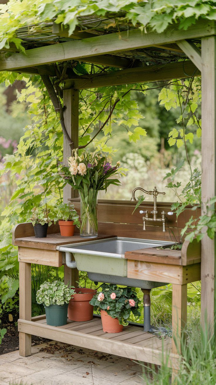 A wooden outdoor sink setup surrounded by lush greenery. The sink has a metal basin and brass faucet. Pots of flowers and plants sit on the counter and lower shelf. A leafy vine adorns a wooden pergola above.