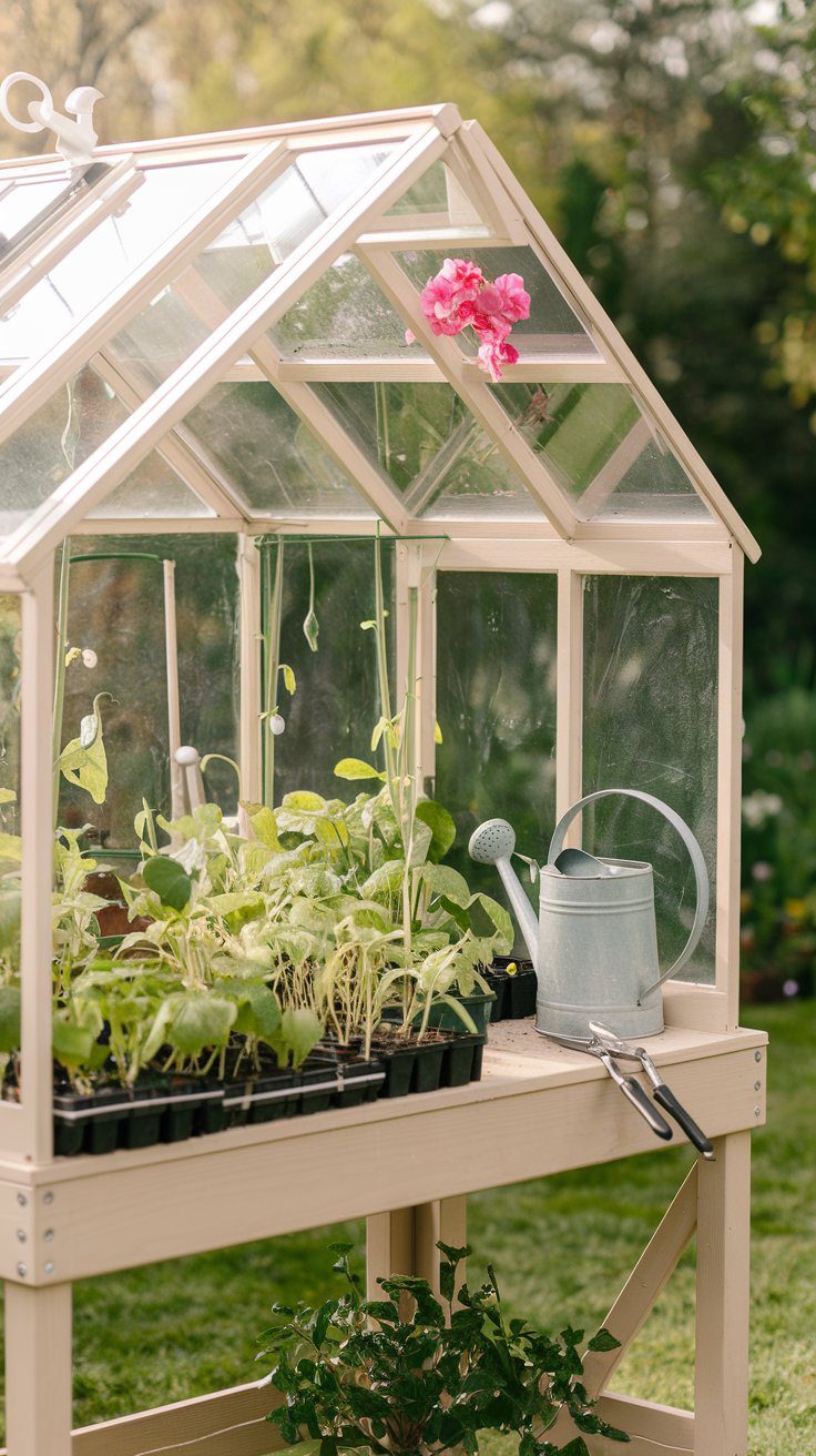 A small, wooden-framed greenhouse with young plants in trays. A pink flower is visible inside. A metal watering can and a pair of pruning shears rest on the ledge. The background shows a garden with green foliage.