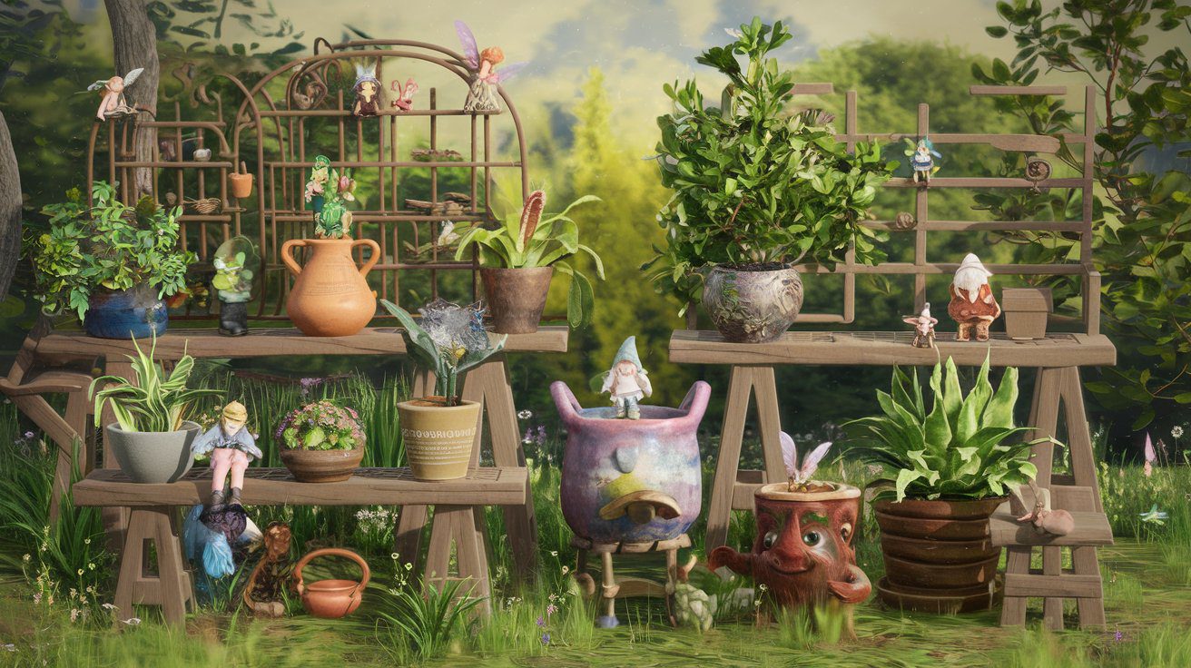 A whimsical garden scene featuring plants in various pots on wooden shelves. Some pots have faces, and small fairy-tale creatures like gnomes and fairies are scattered around. The background shows lush greenery and a bright sky.