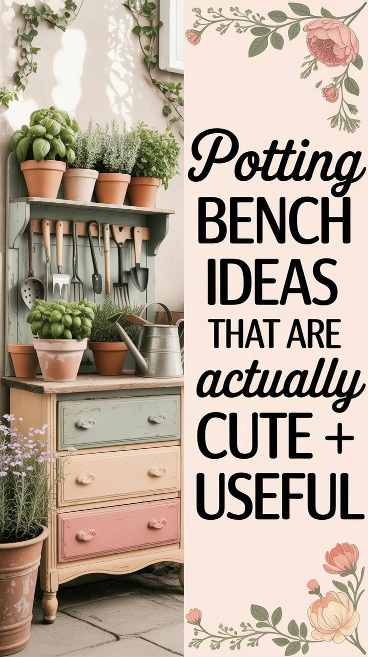 Discover charming and practical potting setups with pastel-hued benches, organized tools, and floral accents—proving your gardening space can be both cute and functional.