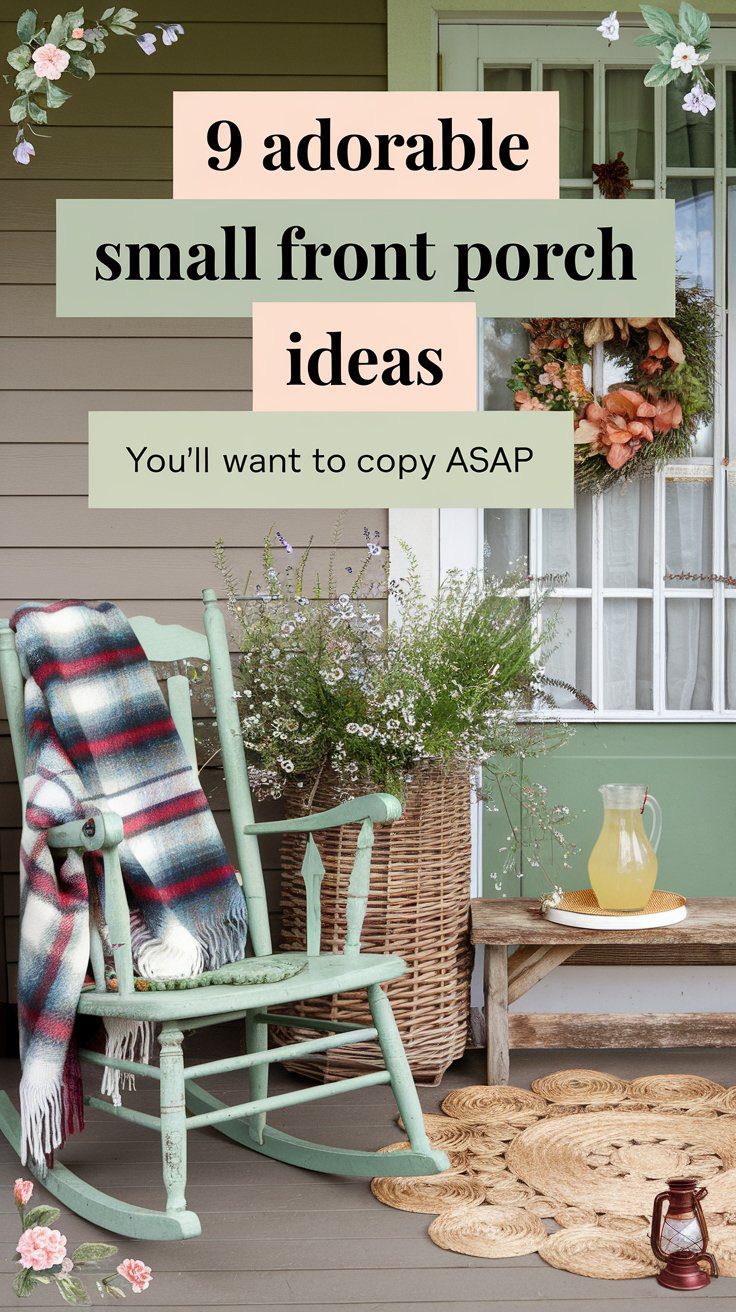 A mint green rocking chair with a cozy plaid blanket on a small front porch, next to a wooden bench with a jug of lemonade, decorative plants, and a floral wreath on the door.