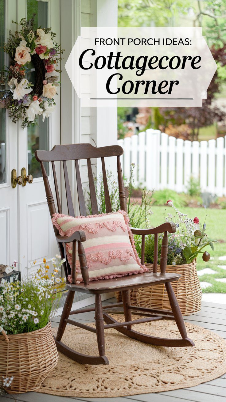 A wooden rocking chair with a pink cushion on a small front porch surrounded by baskets of vibrant flowers, a floral wreath on the door, and a classic white picket fence with lush greenery.