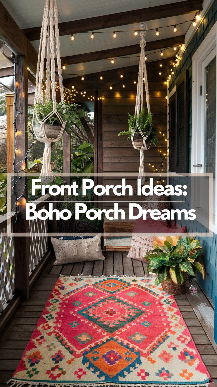 A small front porch with vibrant geometric rugs, plush patterned pillows, lush hanging plants in macrame holders, and whimsical string lights overhead.