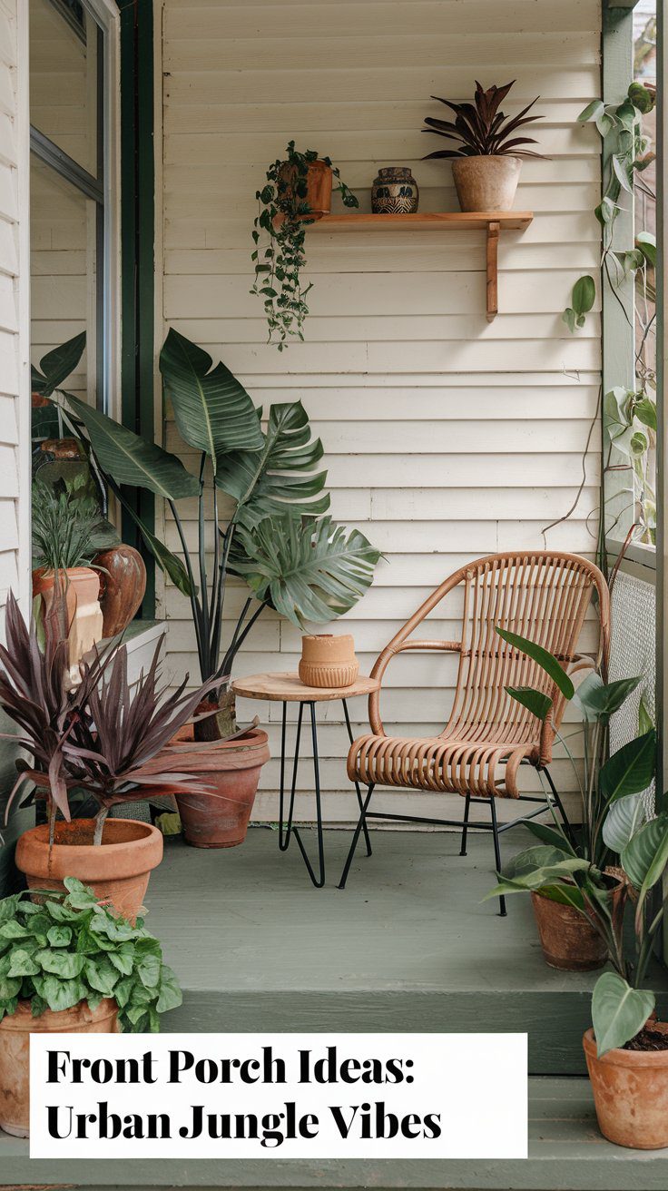 A small porch styled as an urban jungle with a rattan chair surrounded by potted monstera, dracaena, and trailing greenery on shelves and railings.