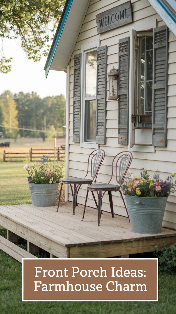 A small farmhouse front porch with rustic chairs, flower-filled galvanized buckets, a welcoming sign, and a backdrop of trees and a wooden fence.
