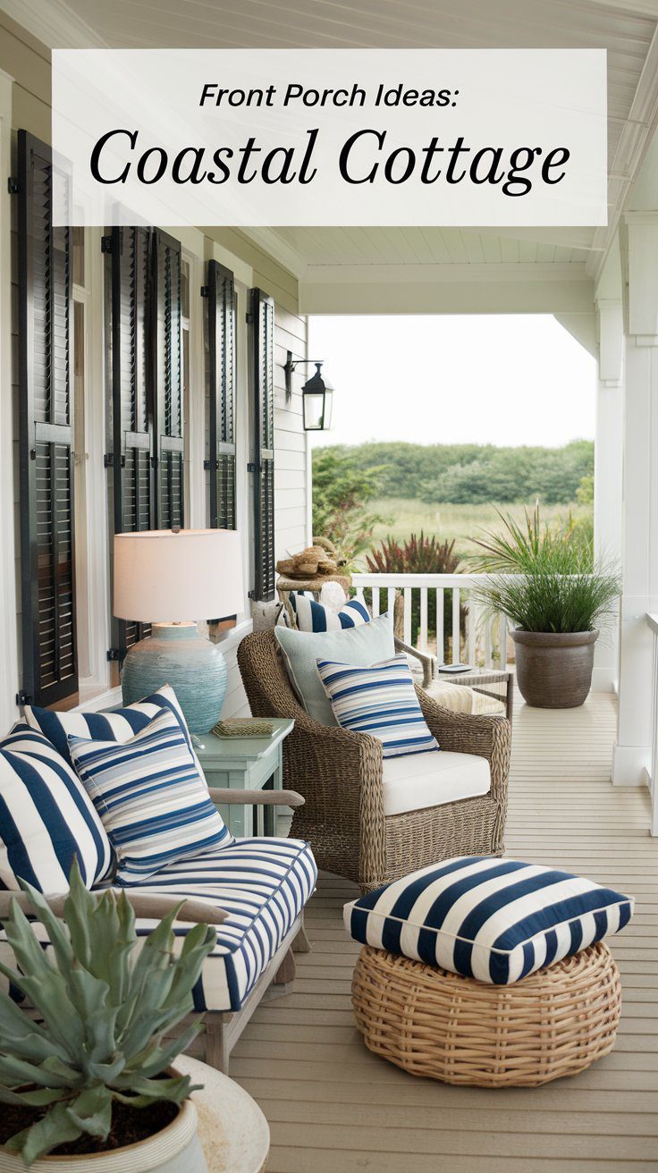 A coastal cottage porch with wicker chairs and a footstool in blue and white striped cushions, a rustic coffee table with a potted succulent, and a view of lush greenery.