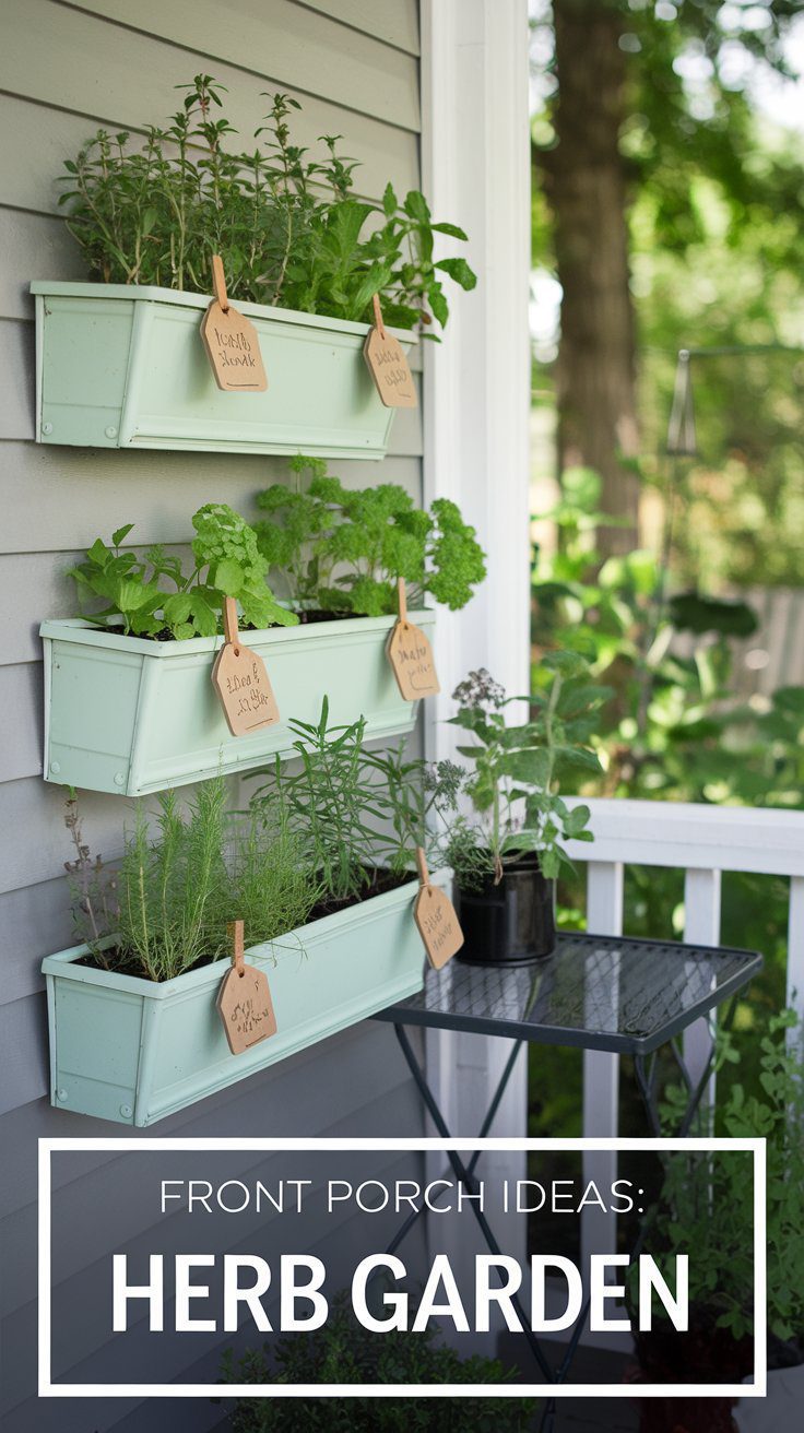 A small porch herb garden with pastel green vertical wall planters mounted on a gray wall, neatly labeled herbs, and additional plants on a nearby black table surrounded by lush greenery.