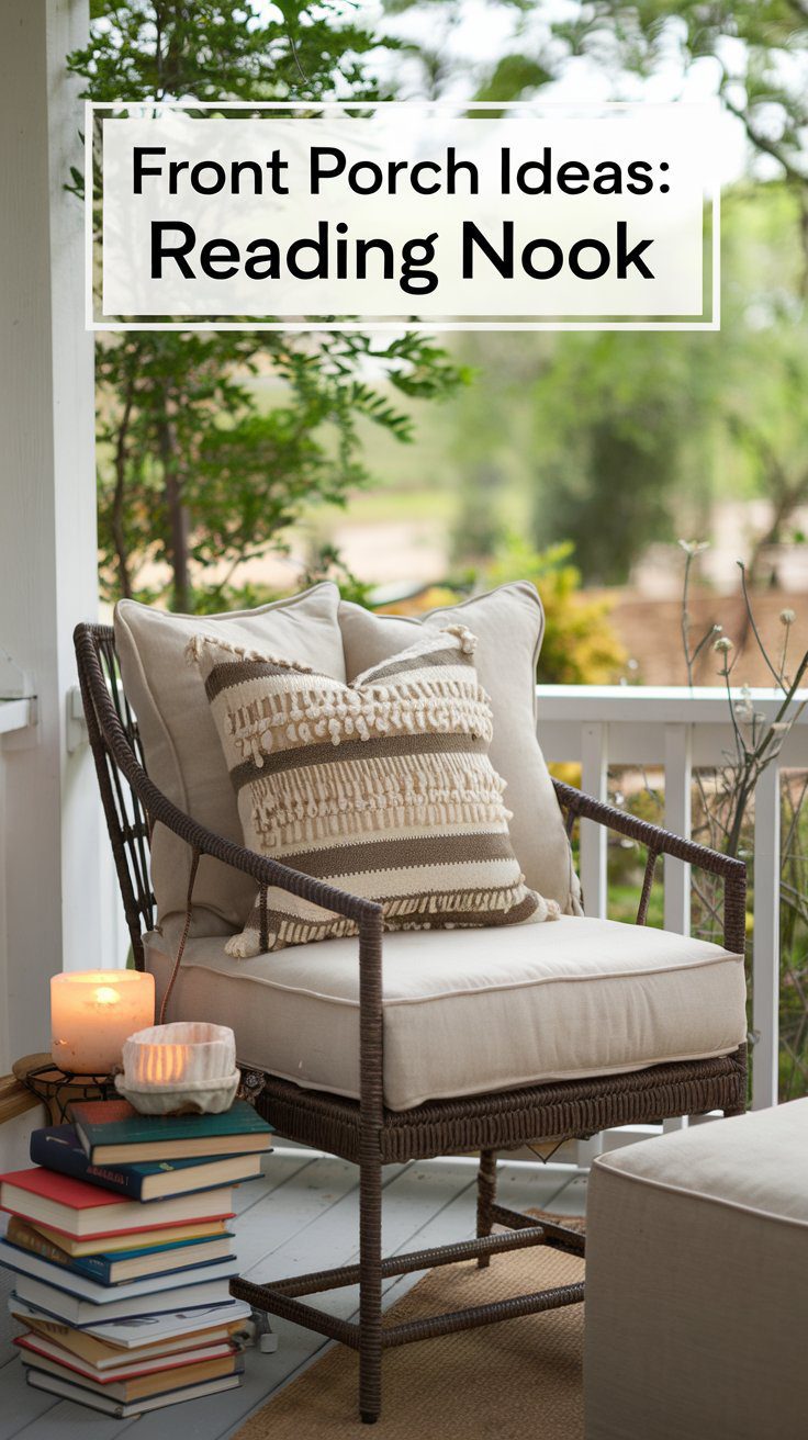 A cozy front porch reading nook with a wicker chair, beige cushions, a tasseled pillow, candles, a stack of books, and lush surrounding greenery.