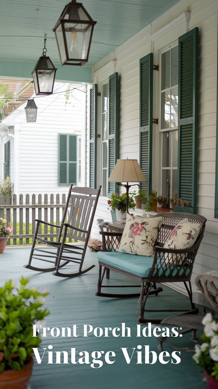 A vintage-style front porch with a rocking chair, a cushioned wicker loveseat with floral pillows, a floor lamp, hanging lanterns, green shutters, and a classic picket fence.