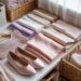 A sunlit closet exudes calm and joy, featuring neatly folded pastel clothes and towels arranged in baskets and on shelves, while delicate pink accents—like ballet flats and a sweater—add a touch of warmth and personality.
