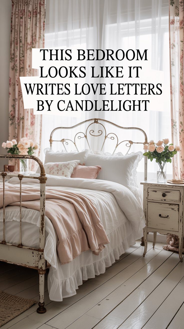 A dreamy Shabby Chic bedroom—complete with a white metal bed, pastel linens, floral curtains, and fresh roses—evokes the nostalgic romance of love letters penned by candlelight.