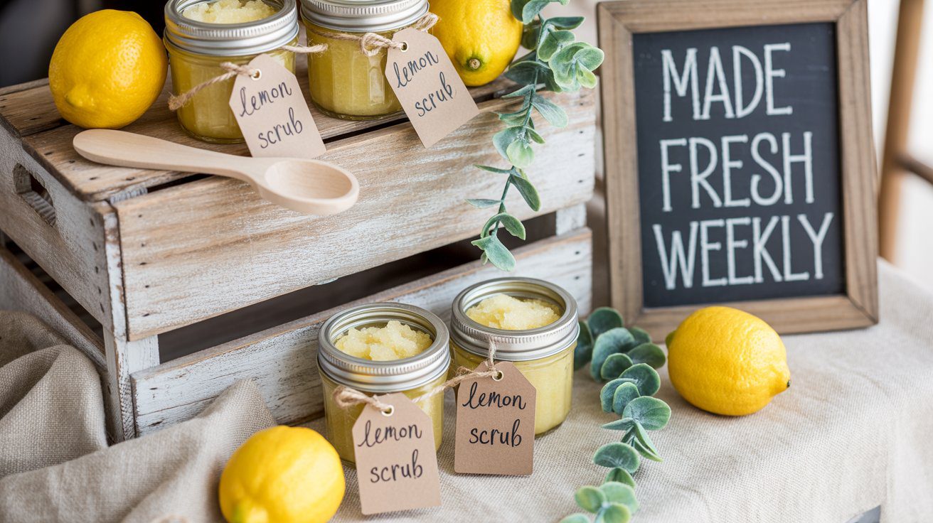 A charming farmers market-inspired display showcases handmade lemon sugar scrubs in mason jars, accented with fresh lemons, greenery, and a welcoming “Made Fresh Weekly” chalkboard sign—capturing the essence of rustic freshness and artisanal care.