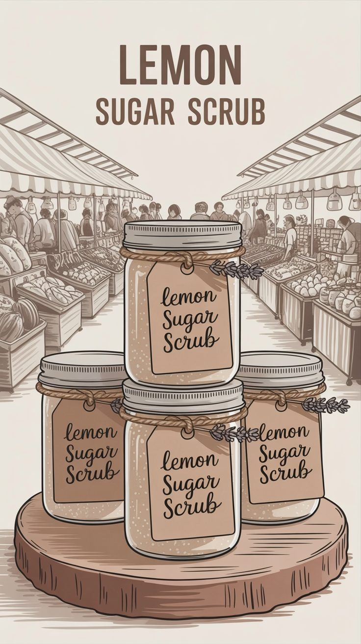 Three lemon sugar scrub mason jars stacked on a wooden table, labeled and styled for a farmers market display.