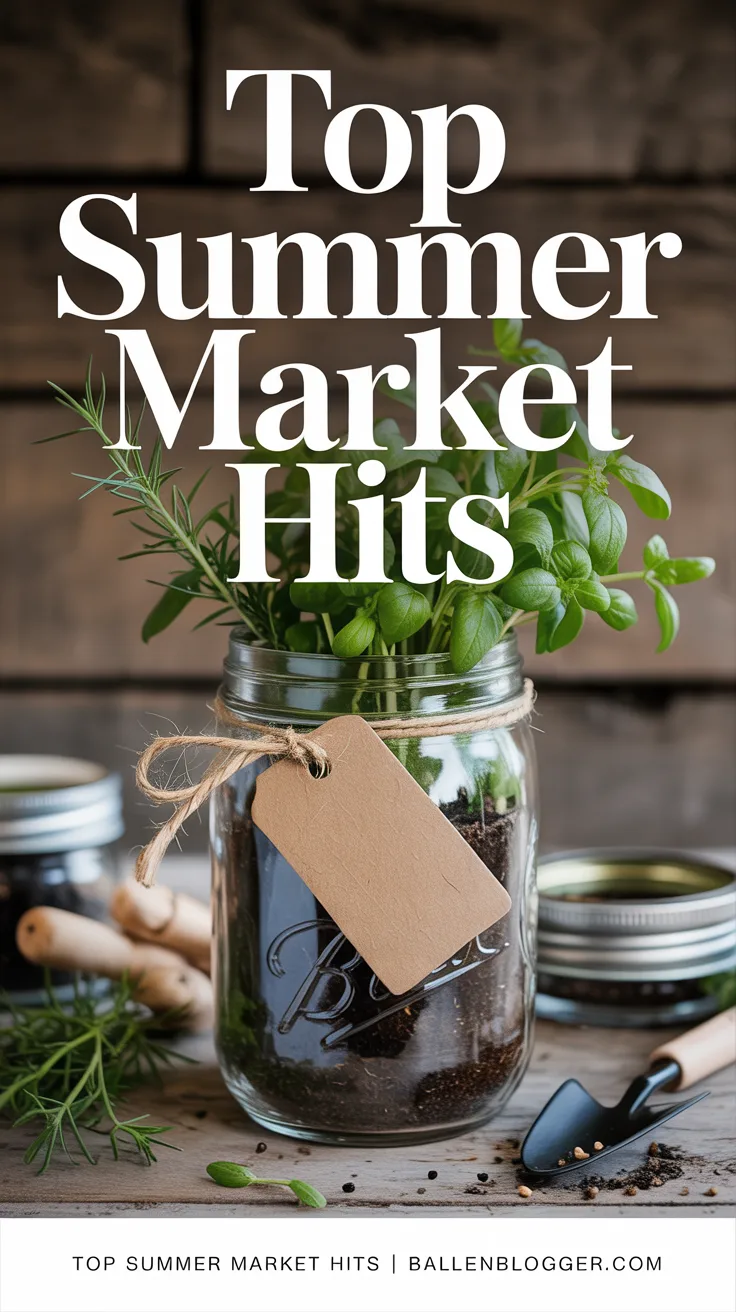 Wooden table displays a soil-filled herb garden with basil, rosemary, tools, and jars.