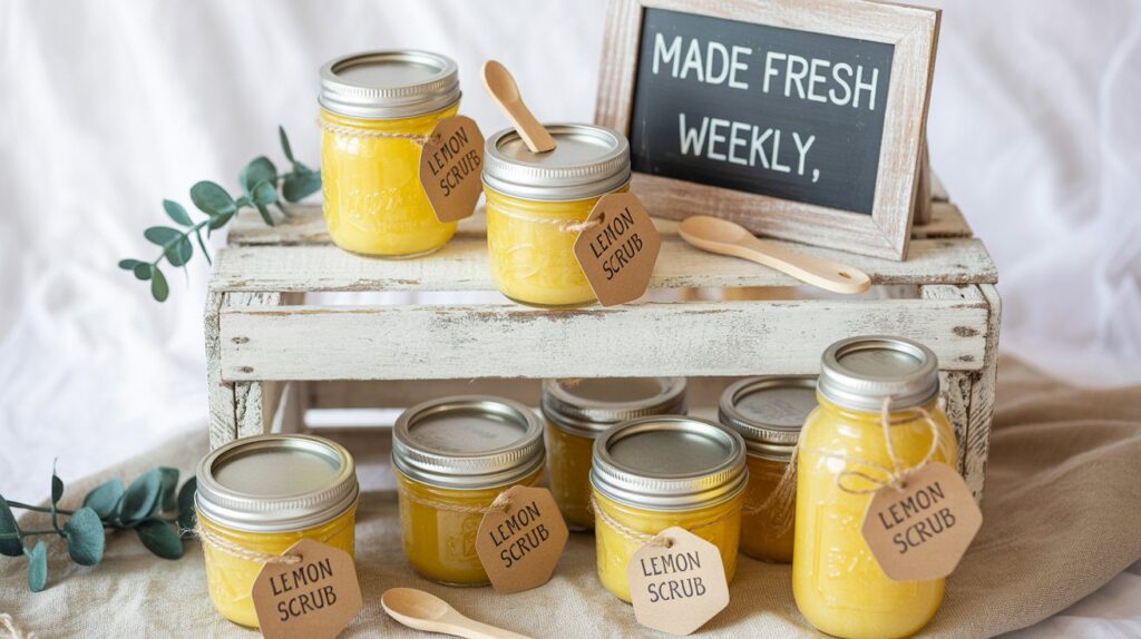Bright jars of homemade lemon scrub, accented with greenery and labeled Made Fresh Weekly, make an inviting addition to summer craft projects or farmers market stalls.