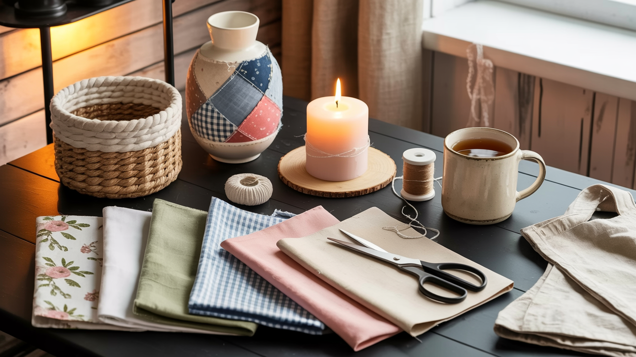 Sun streams onto a wooden table set for creativity—folded fabrics, sewing supplies, tea, and candle inviting upcycling inspiration.