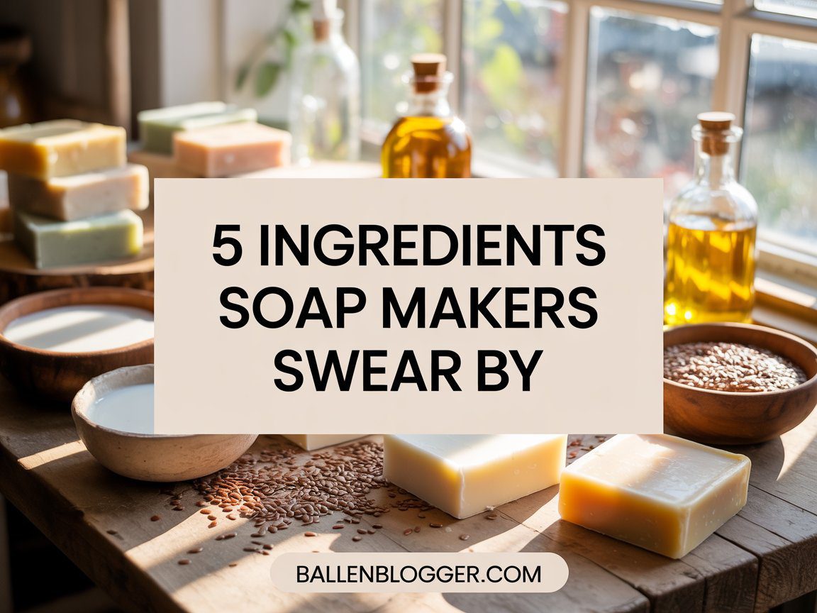 Sunlight streams onto a table with natural soaps, oils, and seeds. 5 must-have soap ingredients text. ballenblogger.com.
