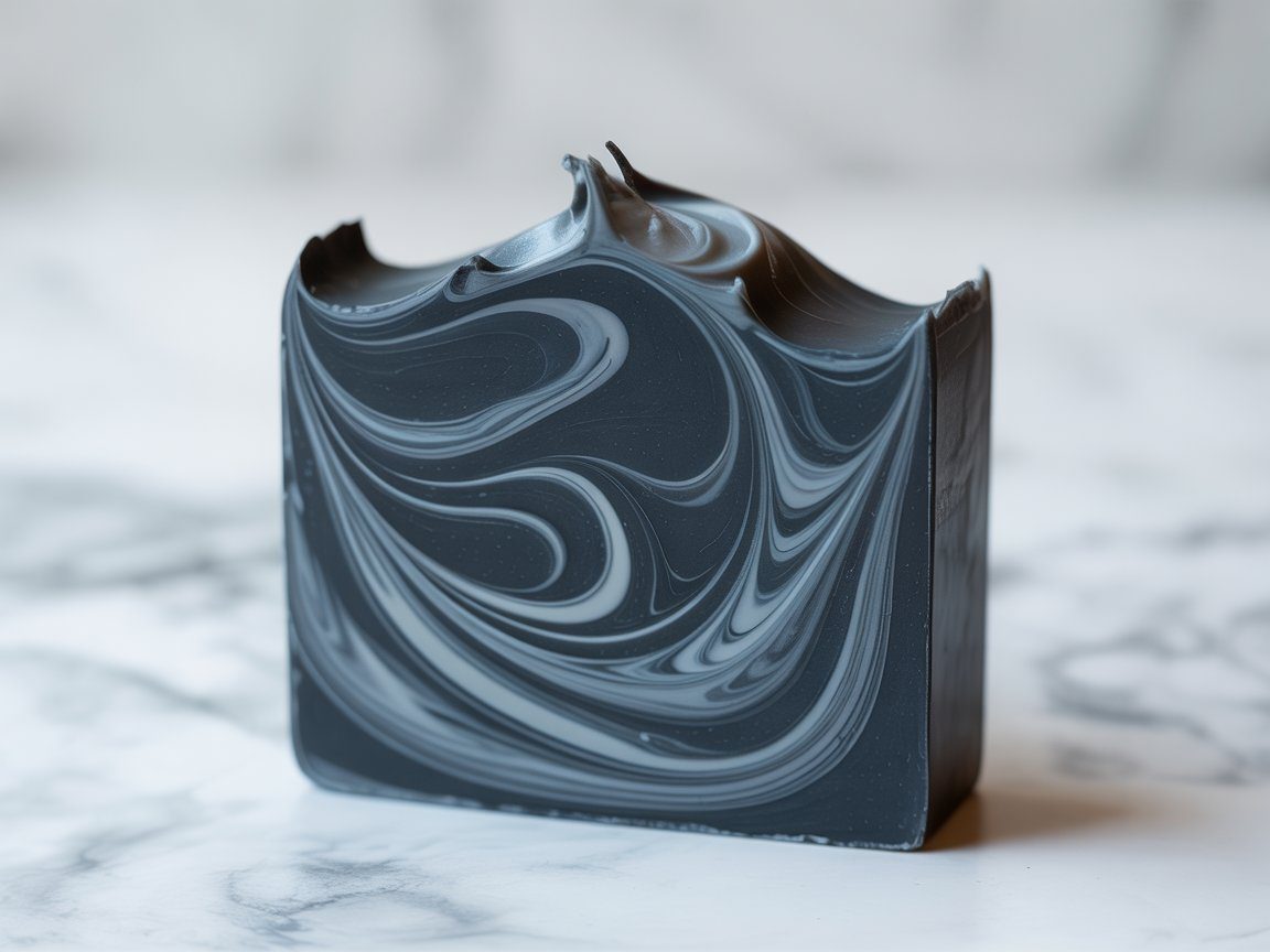 A wavy-topped charcoal soap bar with gray and white swirls resting on a marble surface.