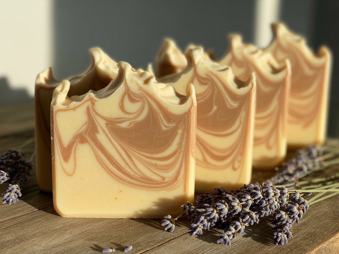 Four artisan soap bars with tan and brown swirls resting on a wooden surface, with lavender accents and sunlight highlighting the textured tops.