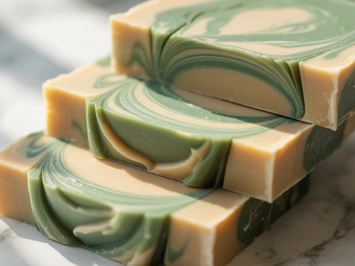Three handmade soap bars with green and beige swirls stacked neatly on a pale surface.