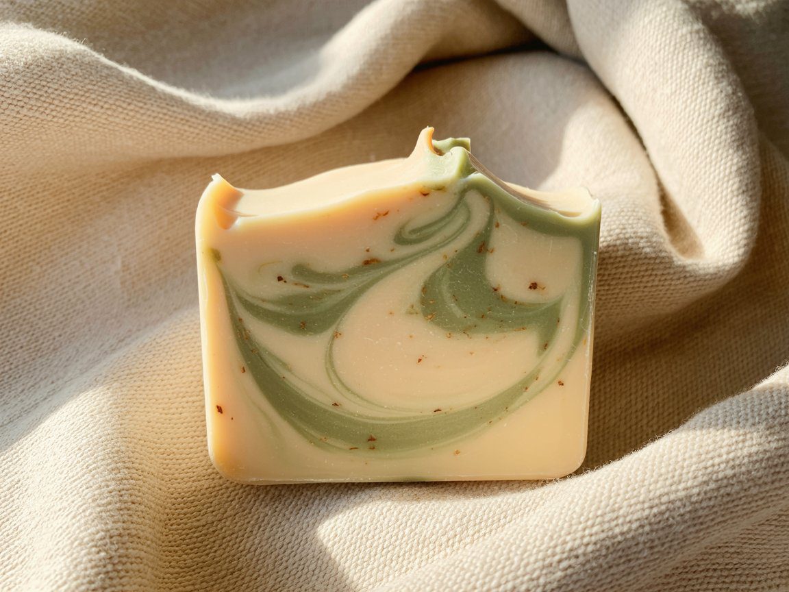 A handmade soap bar swirled in green and cream resting on beige fabric in natural sunlight.