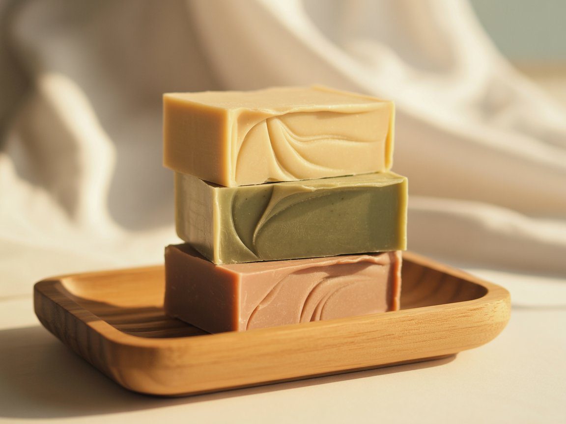Beige, green, and pink handmade soap bars stacked on a wooden soap dish with white fabric in the background.