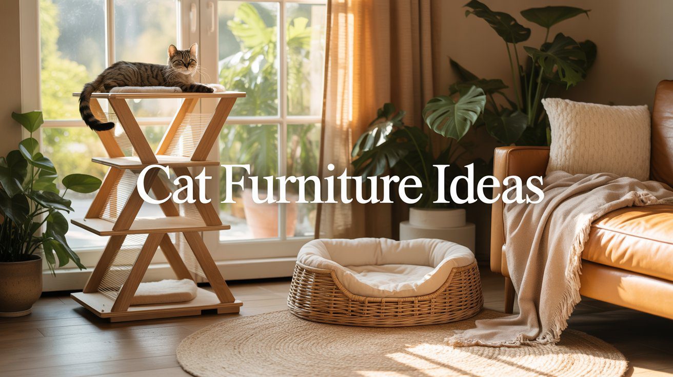 A cozy room with a lounging cat on a wooden tower, plants, soft furnishings, and chic furniture. Discover stylish cat-friendly decor.