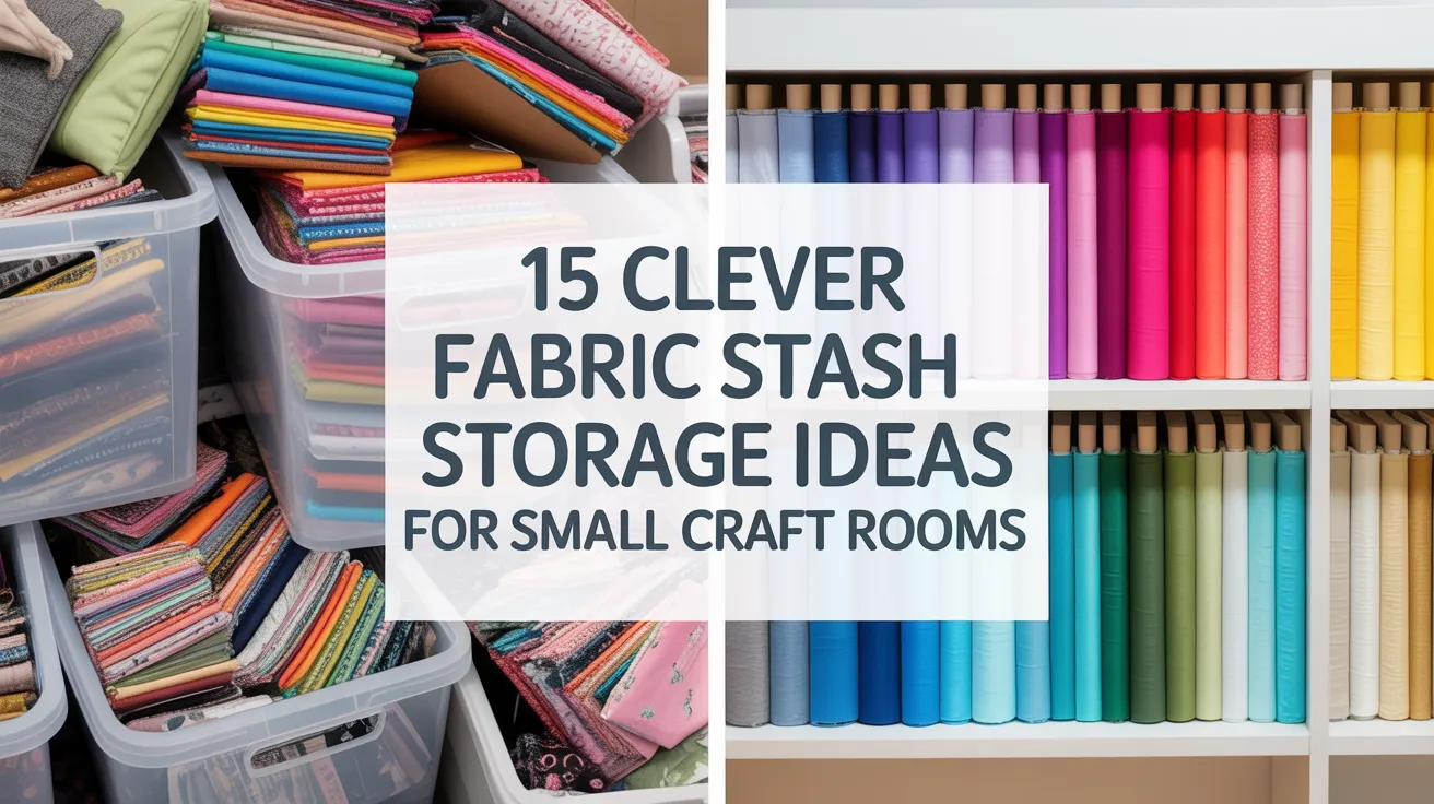 Folded fabric fills plastic bins to the left, rainbow shelves to the right. Title: 15 smart ways to maximize fabric storage in tight spaces.