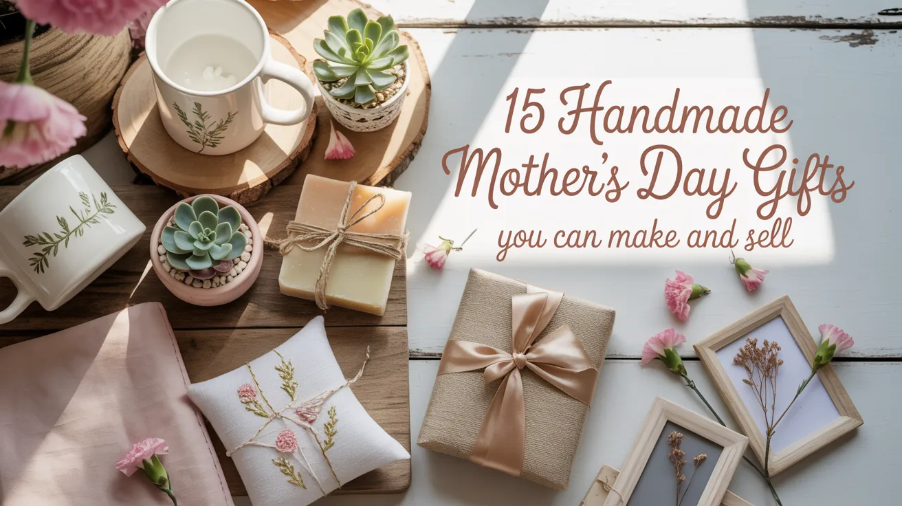 Assorted Mother’s Day presents—ribboned gift box, mug, soap, succulents, framed art—plus text for 15 DIY gift ideas to sell.
