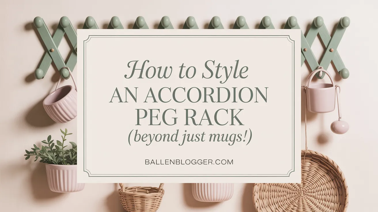 Sign says "How to Style an Accordion Peg Rack (beyond just mugs!)", with mugs and baskets on pegs, ballenblogger.com below.