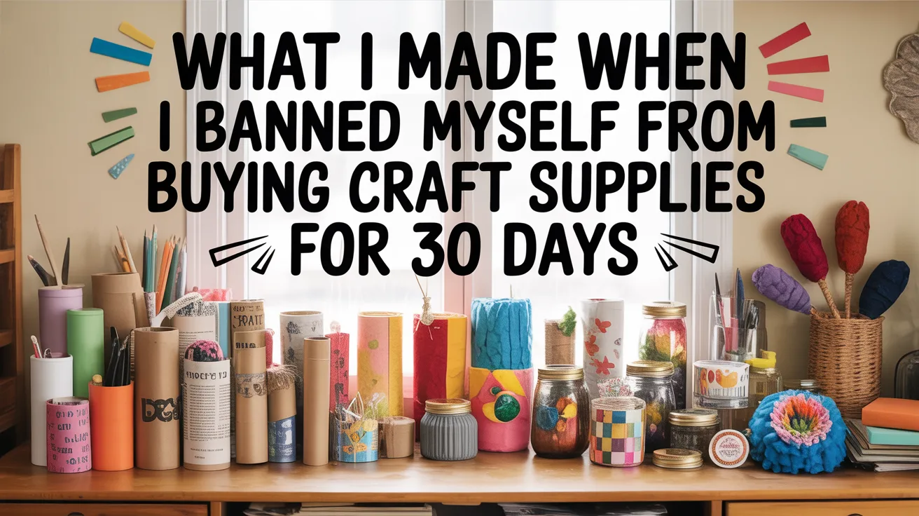 A table by the window showcases vibrant handmade crafts, labeled "what i made"—creations from a 30-day no-buy challenge.