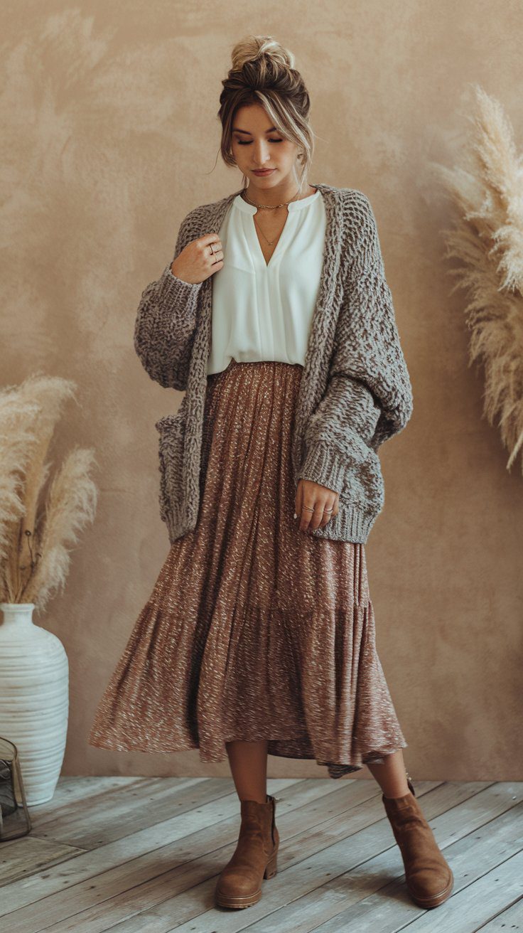 A chunky knitted cardigan pairs beautifully with a flowy midi skirt for a cozy, boho casual ensemble. Add ankle boots or flats for a comfy finish.