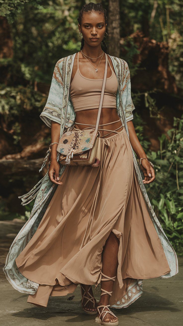 Flowy skirts are a boho wardrobe essential, and when paired with a fitted crop top, they create a balanced, feminine silhouette. Add lace-up sandals and a crossbody bag for a casual yet stylish look.