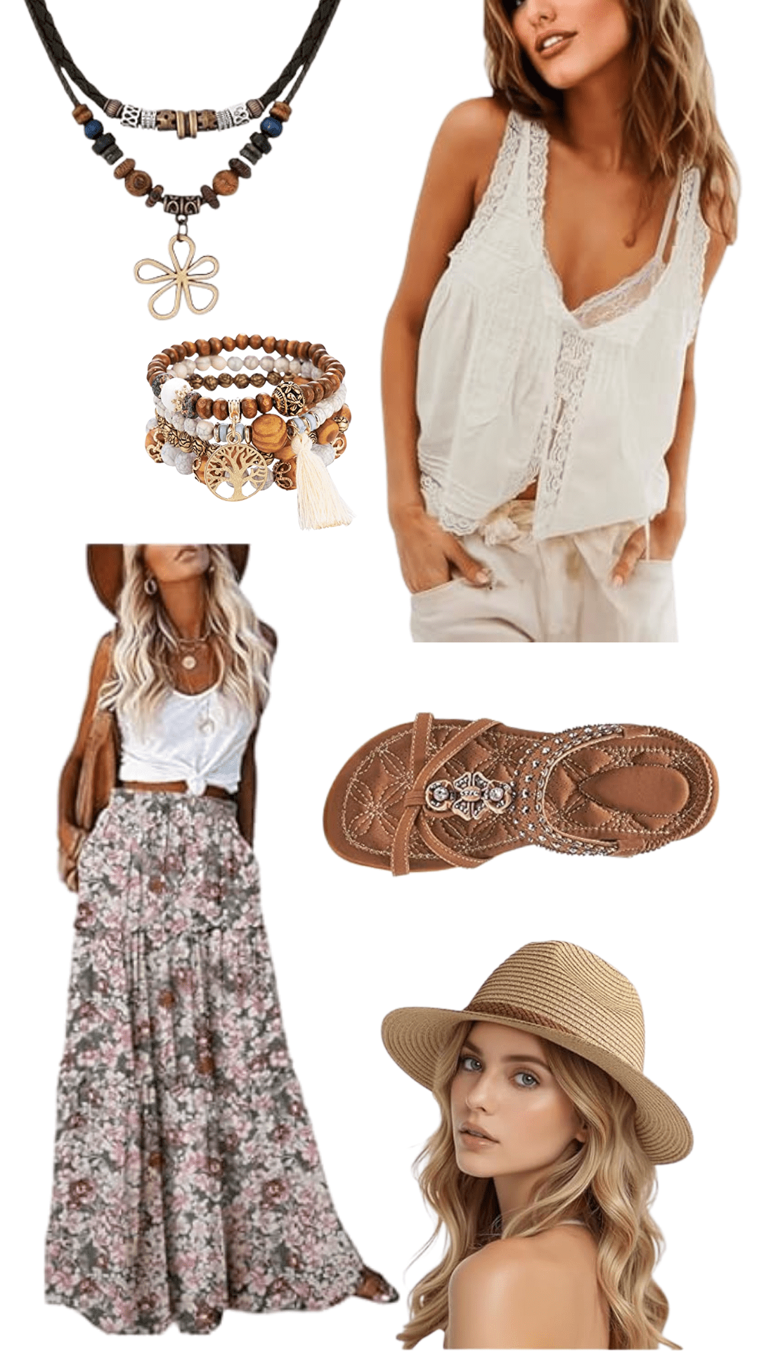 A vibrant showcase of boho-chic style, featuring flowy pants and skirts, lace tanks, layered jewelry, and sun-ready accessories—all modeled with effortless, free-spirited flair.