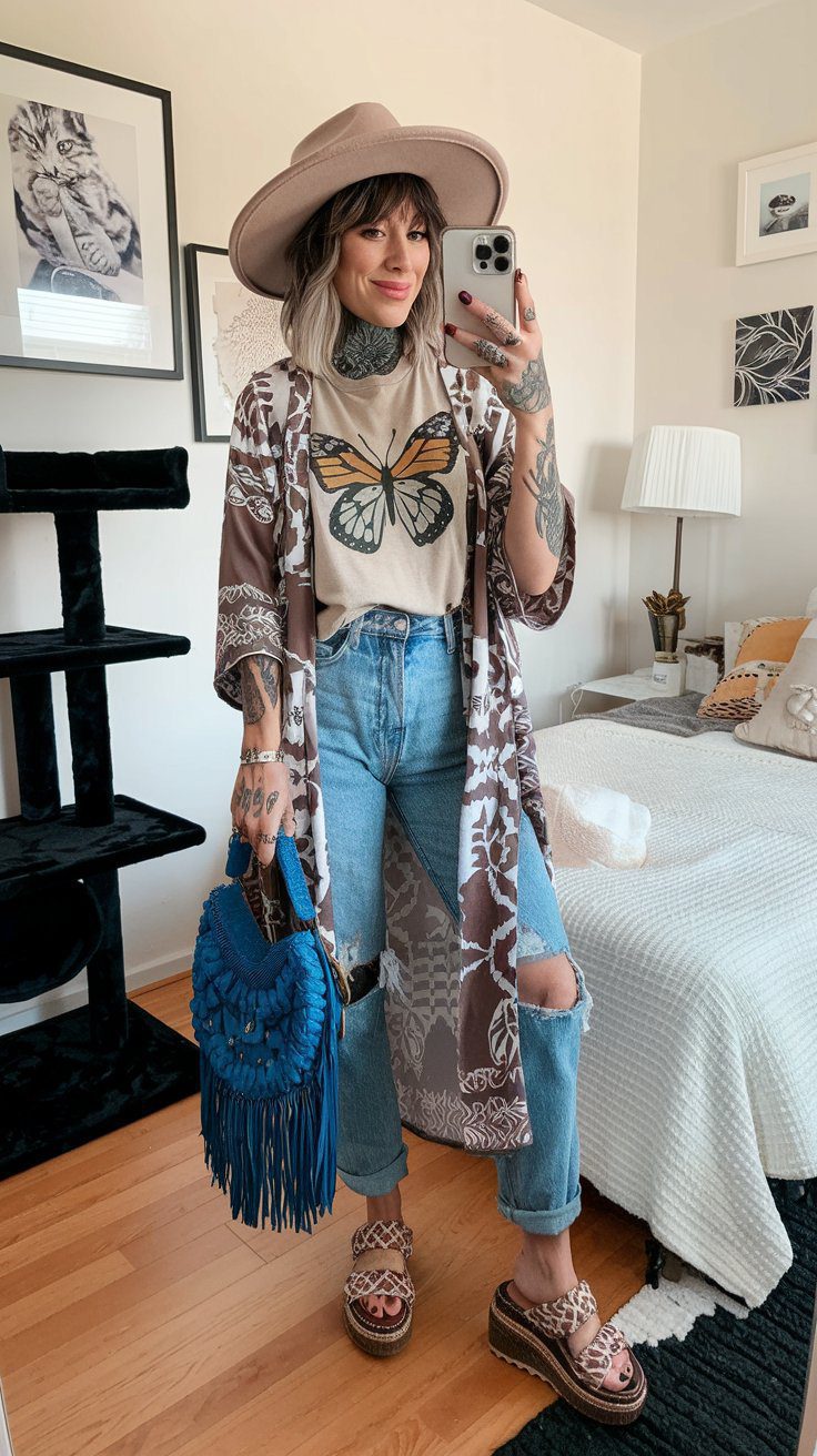 A person wearing a trendy hat takes a mirror selfie in a decorated room. Theyre dressed in a butterfly top, long patterned cardigan, ripped jeans, and sandals—a perfect boho outfit with a fringed blue bag. The room features framed artwork, a black cat tree, and a neatly made bed.