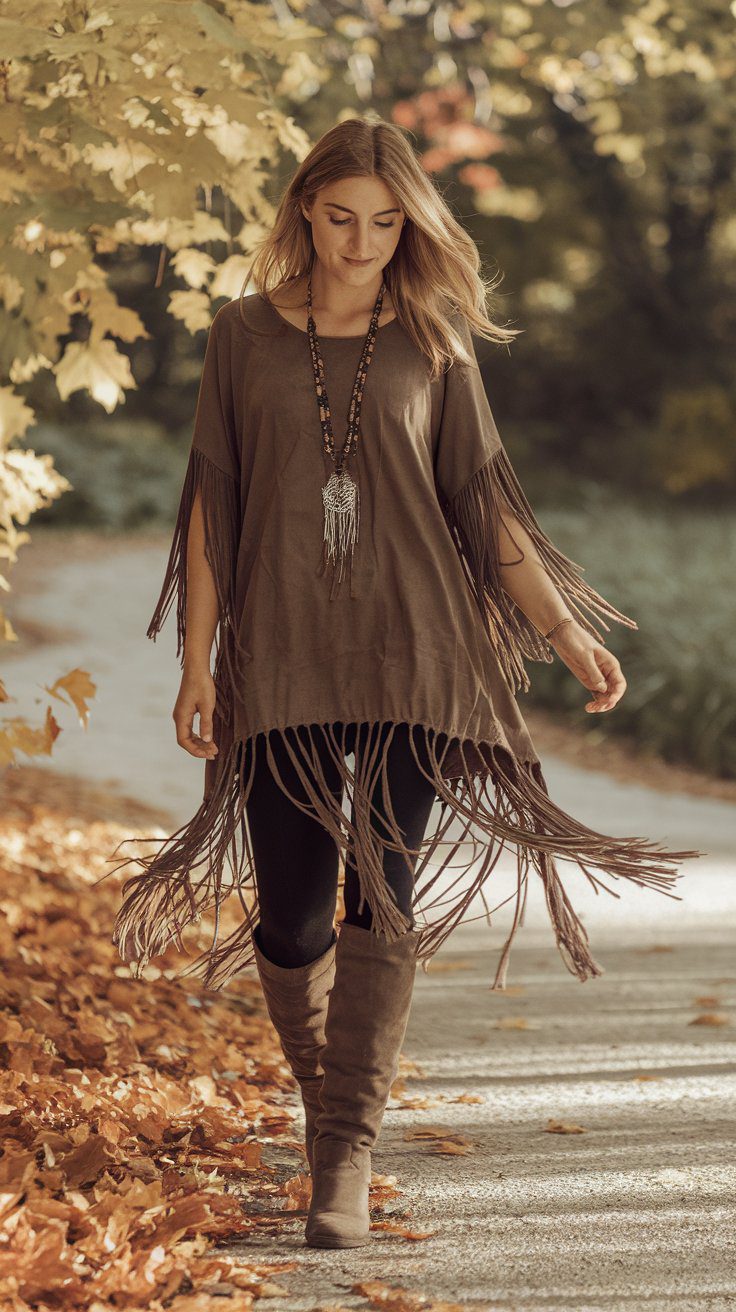 A boho tunic with leggings is a comfy yet stylish combination. Add knee-high boots and a long pendant necklace to elevate the look.