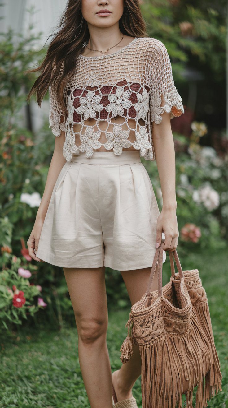 Crochet tops scream boho charm, especially when paired with high-waisted shorts. Complete the look with espadrilles and a fringed tote.