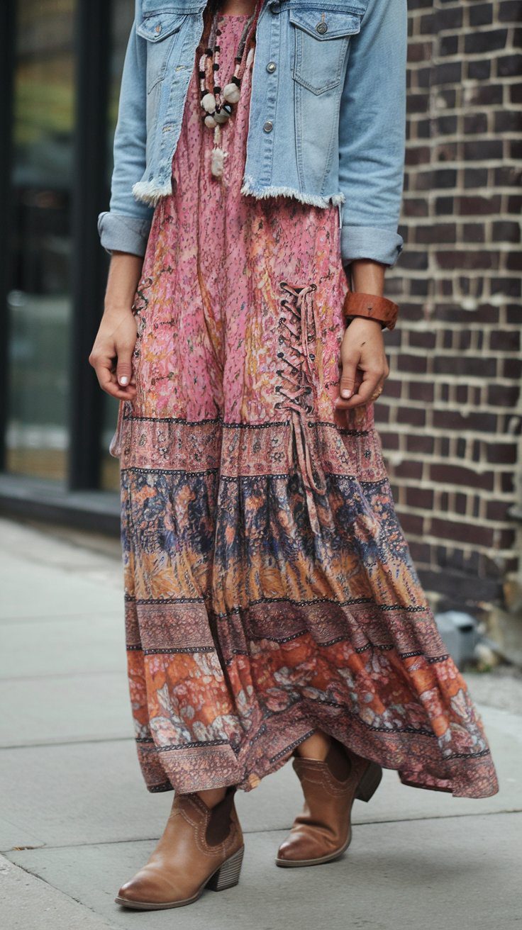 Nothing says “boho chic” like a flowy maxi dress. Pair it with a cropped denim jacket to balance the outfit and finish with ankle boots or strappy sandals for an effortlessly stylish look.