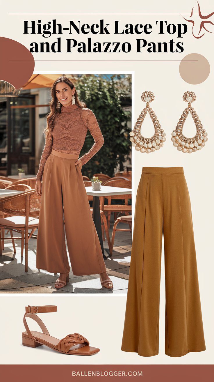 A high-neck lace top paired with wide-leg palazzo pants offers an elegant twist on boho style. Finish with statement earrings and heels for a polished look.