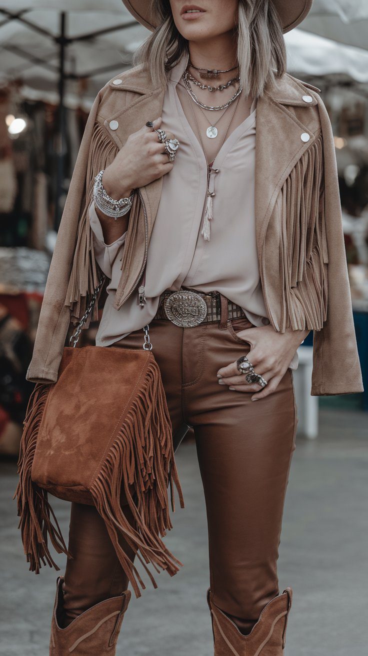 A person stands outdoors in the ultimate Moto Boho style, wearing a fringed suede jacket over a light blouse, brown leather pants, and cowboy boots. Accessories include layered necklaces, rings, bracelets, and a fringed suede handbag. A stall is visible in the background.