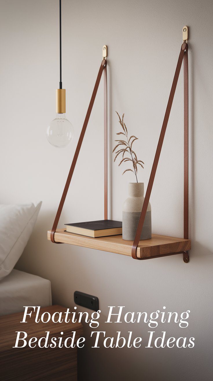 Discover the perfect minimalist aesthetic with a floating bedside shelf, elegantly suspended by leather straps and adorned with a small book and a chic beige vase filled with dried branches. Complemented by a nearby modern pendant light featuring an exposed filament bulb, this setup offers innovative ideas to elevate your bedroom decor.